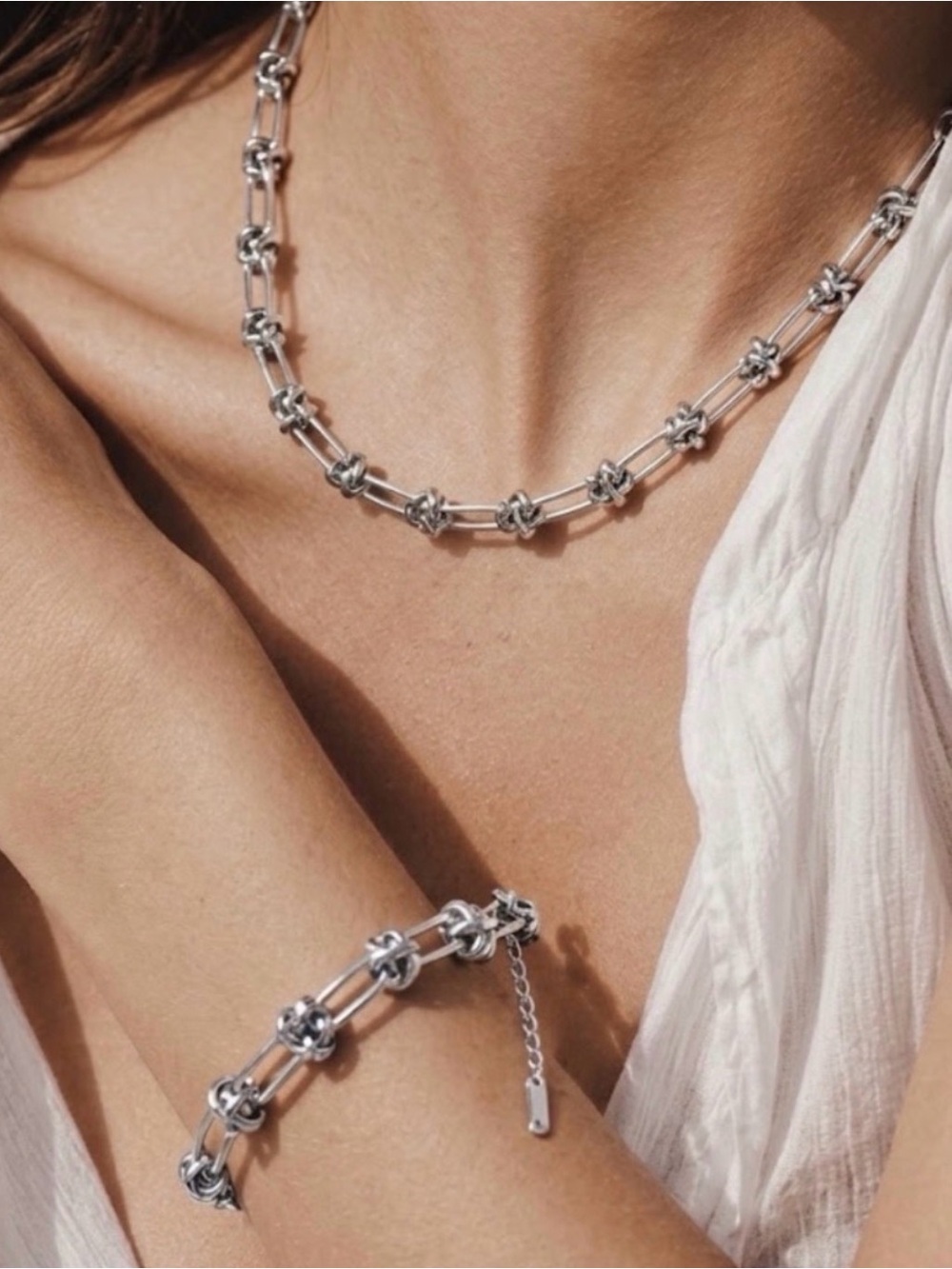Silver Plated Chunky Knot Chain Necklace SET Stainless Steel womens jewelry